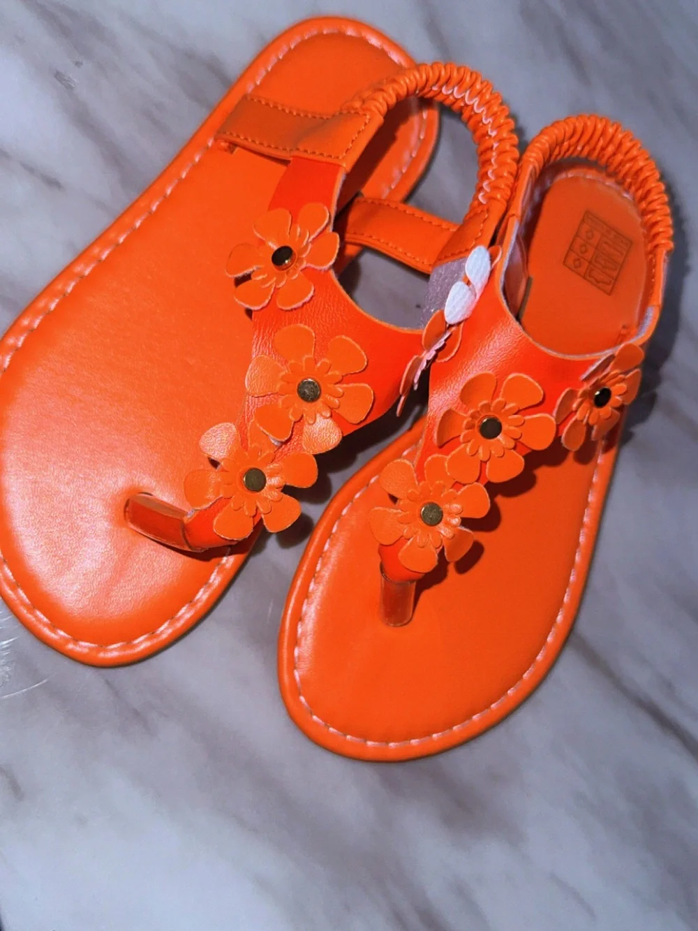 Girls Orange Floral Toe-Ring Sandals with Elastic Heel Strap